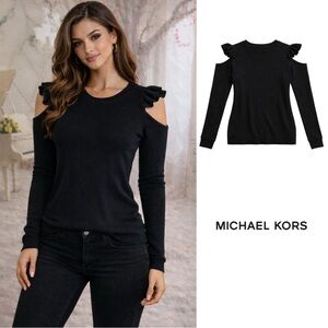 Michael Kors Black Ruffle Cold Shoulder Cutout Sweater